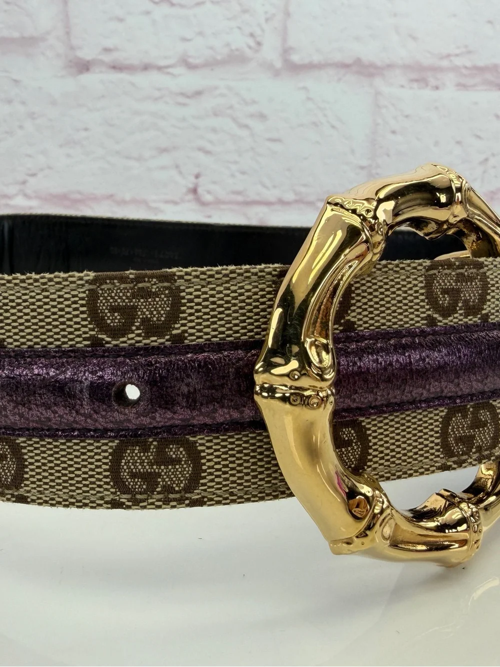 Gucci Vintage Bamboo GG Canvas Leather Waist Metallic Purple Belt 75/30